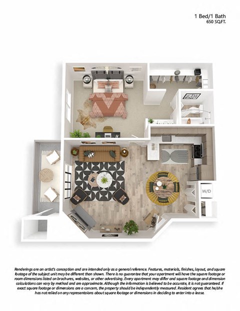 Floor plan for 1 bed, 1 bath, 650 sqft
